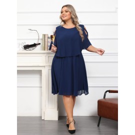 2 In 1 Plus Size Solid Cutout Loose Dress, Casual Side Cross Irregular Cape Sleeve Dress For Spring & Summer, Women's Plus Size Clothing