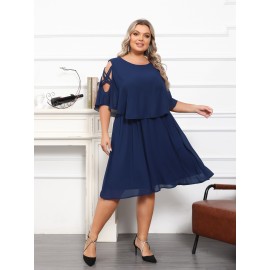 2 In 1 Plus Size Solid Cutout Loose Dress, Casual Side Cross Irregular Cape Sleeve Dress For Spring & Summer, Women's Plus Size Clothing