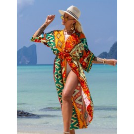 Women's Kaftan Beach Smock Positioning Print Cotton Long Cardigan Sun Protection Resort Seaside