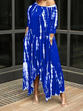 Plus Size Tie Dye Loose Dress, Elegant Half Sleeve Split Dress For Spring & Summer, Women's Plus Size Clothing