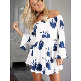 Plus Size Floral Print Off Shoulder Dress - Relaxed Casual Long Sleeve Lace Up Design - Perfect for Spring & Summer, Womens Plus Size Clothing Essential