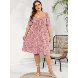 Plus Size V Neck Fitted A-Line Knee Length Wrap Dress with Pockets - Medium Stretch Polyester Floral Print Casual Party Dress for All Seasons