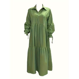 Plus Size Solid Color Collared Dress, Casual Ruffle Hem Long Sleeve Maxi Dress For Spring & Fall, Women's Plus Size Clothing