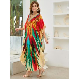 Plus Size Boho Chic Allover Print Loose Kaftan Dress - Relaxed, Comfortable Fit, Flattering V-Neckline, Dramatic Batwing Sleeves, Perfect Coverup for Any Occasion - Designed Exclusively for Women, Plus Size Friendly, Maxi Dress