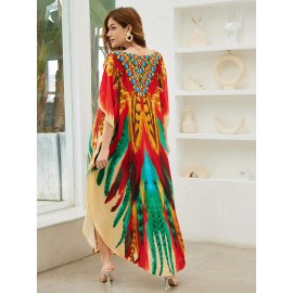 Plus Size Boho Chic Allover Print Loose Kaftan Dress - Relaxed, Comfortable Fit, Flattering V-Neckline, Dramatic Batwing Sleeves, Perfect Coverup for Any Occasion - Designed Exclusively for Women, Plus Size Friendly, Maxi Dress