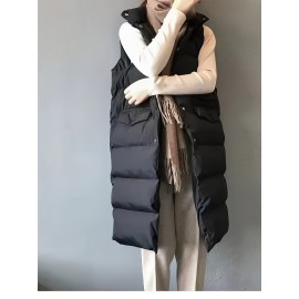 Plus Size Women's Puffer Vest - Casual Solid Color Front Button Down Design, Includes Scarf for Winter, Cozy and Warm