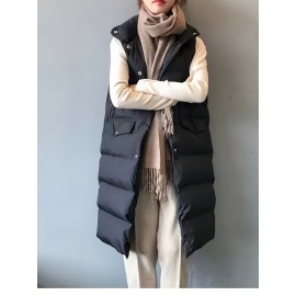 Plus Size Women's Puffer Vest - Casual Solid Color Front Button Down Design, Includes Scarf for Winter, Cozy and Warm