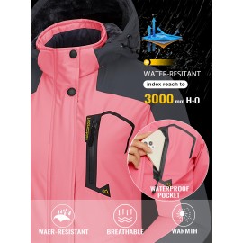 Large-size Women's Waterproof Soft-shell Ski Jacket with Fleece Lining, Hooded, Multiple Pockets, Warm, Comfortable, Bright Colors, Plus-size Coat for Outdoor Sports, Snowsports, Snowboarding, Hiking, Mountaineering, Camping, Daily Casual Work