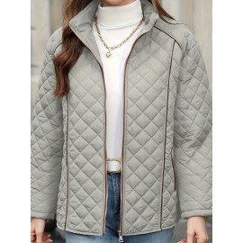 Women's Oversized Polyester Coat, Casual Hug Fit, Small Stand Collar, Long Sleeve, Zipper Closure, Autumn And Winter Warm Coat