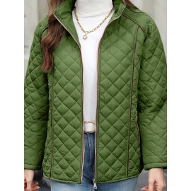 Women's Oversized Polyester Coat, Casual Hug Fit, Small Stand Collar, Long Sleeve, Zipper Closure, Autumn And Winter Warm Coat