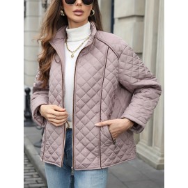 Women's Oversized Polyester Coat, Casual Hug Fit, Small Stand Collar, Long Sleeve, Zipper Closure, Autumn And Winter Warm Coat