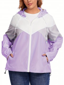 Plus Size Raincoat, Women Water Resistant Rain Jacket, Packable, Outdoor Hooded Windbreaker For Women