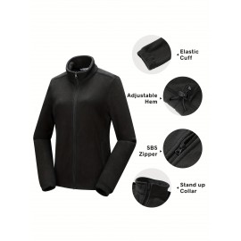 Women's Outdoor Sports Plush Jacket, Plus Size Solid Color Zipper Warm Soft Long Sleeve Lightweight Fleece Jacket