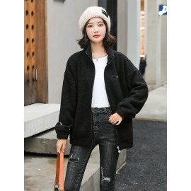 1pc Cozy Plus Size Women'S Casual Sherpa Jacket - Solid Color Polyester Knit Fabric with Slight Stretch, Stand Collar, Long Sleeve Zip-Up Top for Fall/Winter