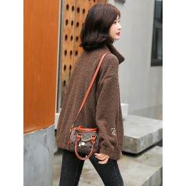 1pc Cozy Plus Size Women'S Casual Sherpa Jacket - Solid Color Polyester Knit Fabric with Slight Stretch, Stand Collar, Long Sleeve Zip-Up Top for Fall/Winter