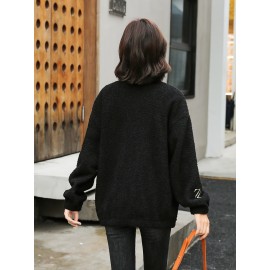 1pc Cozy Plus Size Women'S Casual Sherpa Jacket - Solid Color Polyester Knit Fabric with Slight Stretch, Stand Collar, Long Sleeve Zip-Up Top for Fall/Winter