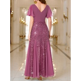 Elegant Sequin Sweetheart Neck Maxi Dress - Bodycon Fit, Micro Elastic Polyester, Puff Sleeves, Solid Color, Hand Wash - Perfect for Party & Banquet, Womens Clothing
