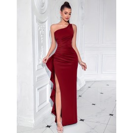 Elegant One Shoulder Split Ruffle Hem Maxi Dress, Sleeveless Slim-Fit Party & Banquet Dress for Women