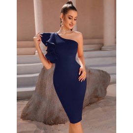 Sophisticated One Shoulder Bodycon Dress - Vibrant Solid Color, Chic Design, Perfect for Formal Occasions, Weddings, and Special Events - Ideal for Ladies, Girls, and Female Fashion Enthusiasts, Womens Clothing