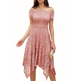 Women's Lace Cocktail Dress Hi-Lo Off Shoulder Bridesmaid Swing Formal Party Dress