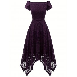Women's Lace Cocktail Dress Hi-Lo Off Shoulder Bridesmaid Swing Formal Party Dress