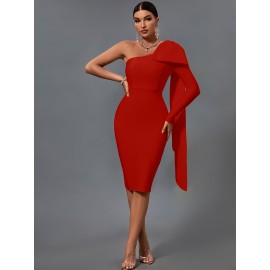Women's Fashion Sexy Temperament Elegant Tight One Shoulder Long Sleeve Mid-Length Bandage Dress Party Cocktail Evening Dress
