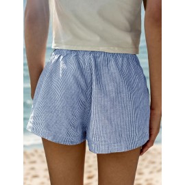 Striped Button Decor Shorts, Casual Beach Vacation Elastic Waist Shorts For Summer & Spring, Women's Clothing