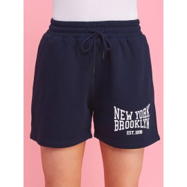 Women's Navy Soft Fleece Casual Active Sweat Shorts - New York Brooklyn Design, All-Season Comfort