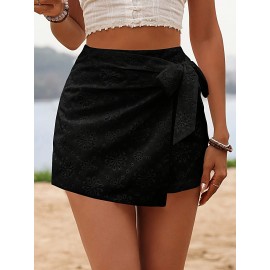 Womens Elegant High Waist Solid Color Eyelet Wrap Tie Skort - Lace Up, Micro Elastic Polyester Fabric, No Printing, Woven, Summer Vacation Style - Comfortable and Chic Short Skort for Women