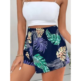 Stylish Women's Leaf Print Wide Leg Shorts - Casual Shirred Elastic High Waist Shorts for Spring & Summer