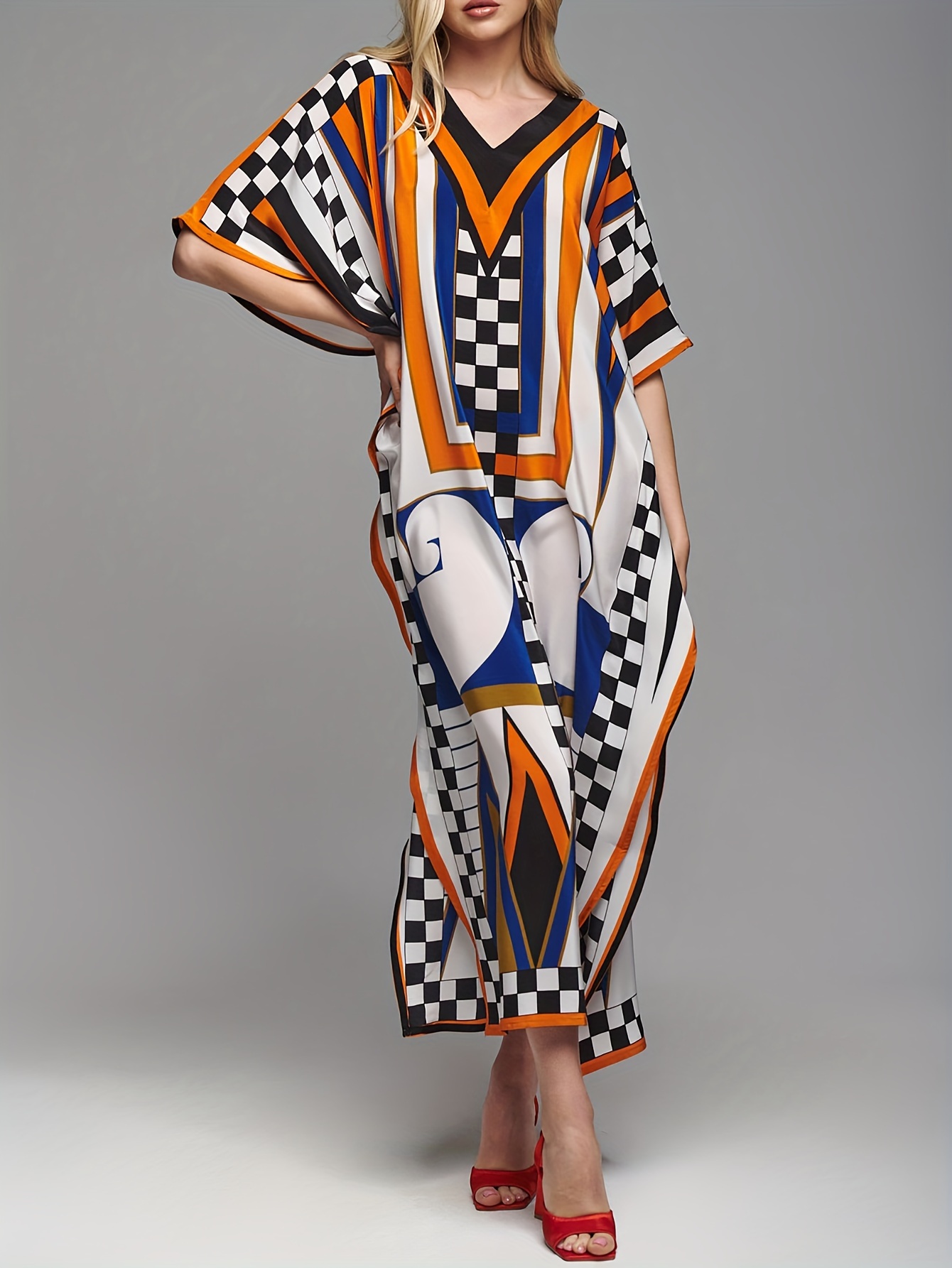 plus size allover print coverup dress vacation batwing sleeve loose beachwear dress womens plus size clothing details 1